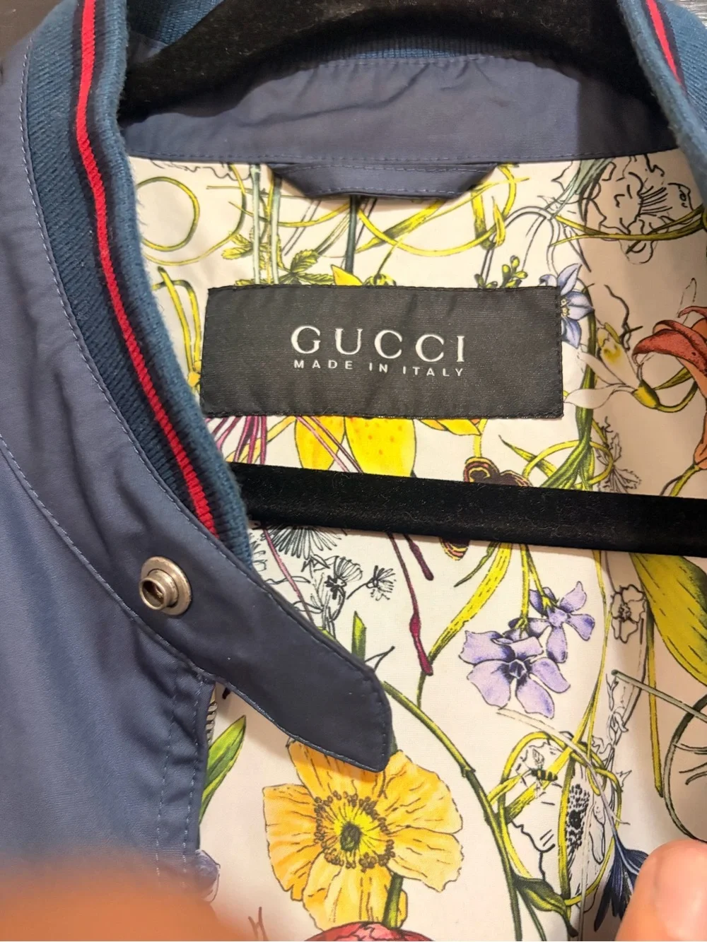 Gucci Men's Blue Bomber Jacket with Stripe Collar